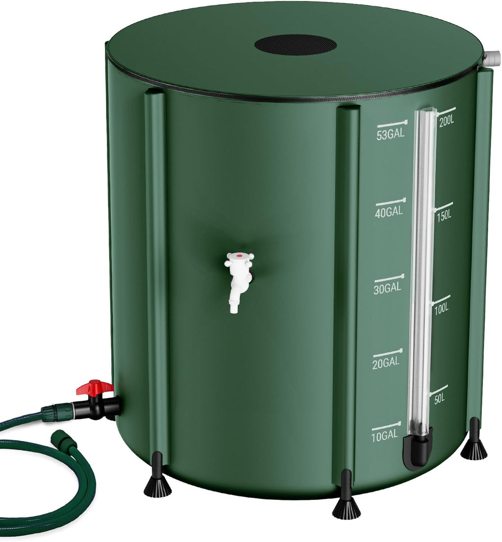 SKM Collapsible Rain Barrel, 53 Gallon Portable Rain Water Collection Barrel for Garden/Outside/Lawn, PVC Rainwater Collection System Water Tank Storage Container with Spigots & Overflow Kit, Green