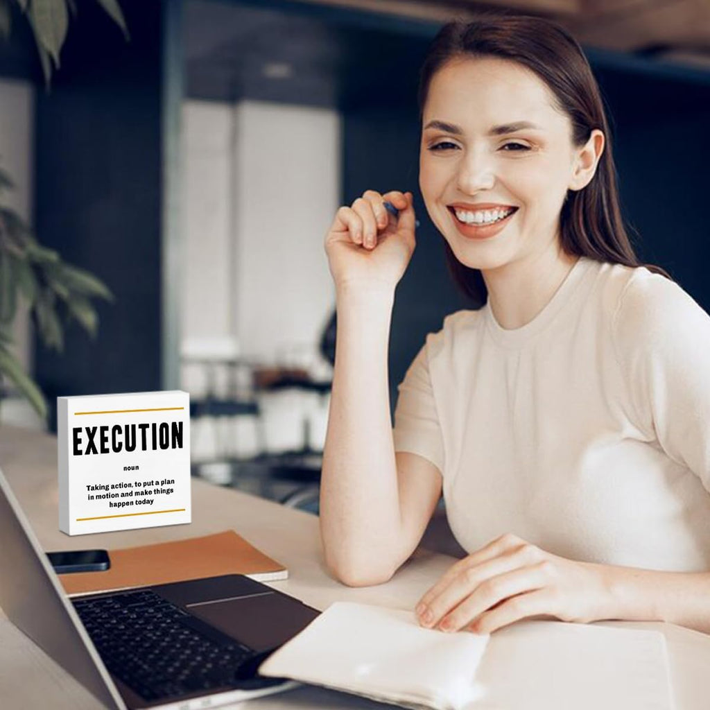 Execution Noun Entrepreneur White Wooden Box Sign, Inspirational Office Decor Decorative Table Shelf Desk Decor, Rustic Workplace Home Living Room Decor Office Decorations Desk Accessories