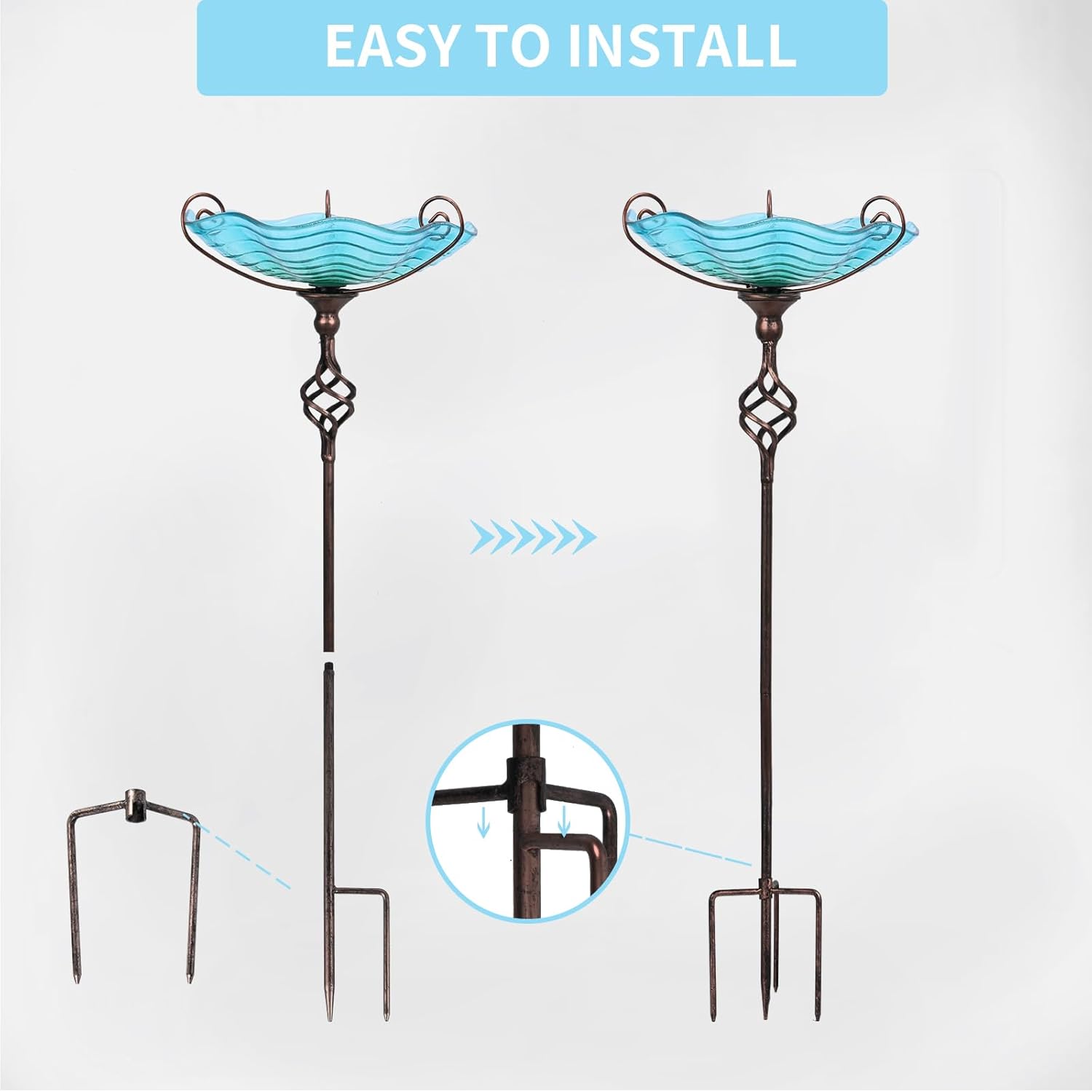 MUMTOP 31 Inch Height Glass Birdbaths, Outdoor Bird Bath Birdfeeder with Metal Stake Garden Yard Outside, Blue