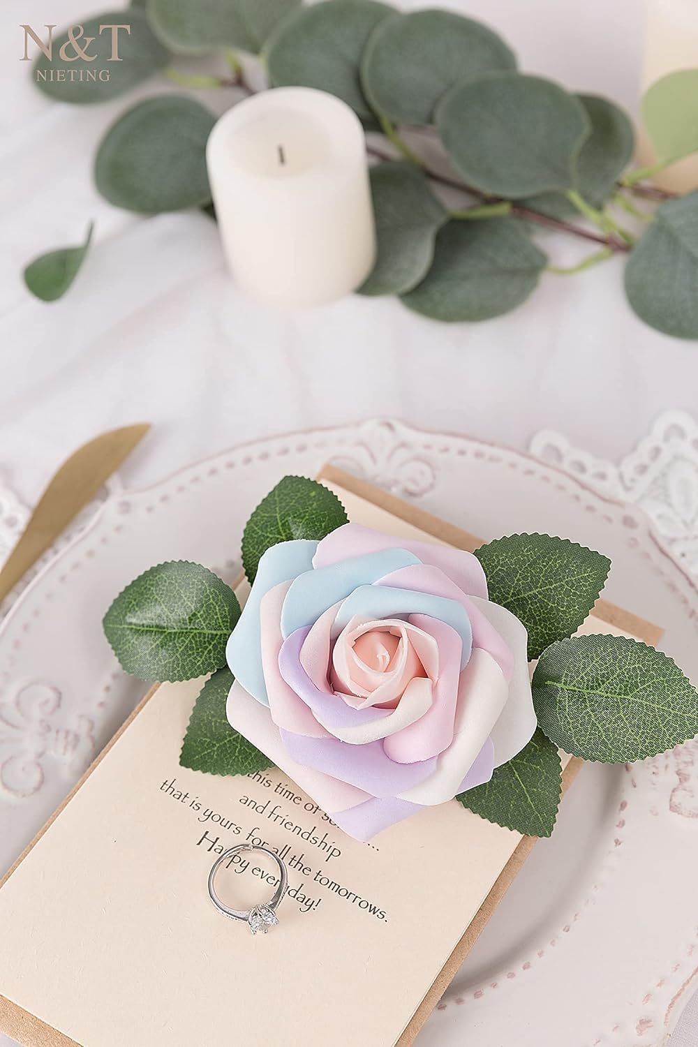 N&T NIETING Artificial Flowers, 25Pcs Fake Flowers Roses Perfect for DIY Wedding Bouquets Centerpieces Bridal Shower Party Home Flower Arrangement Decorations, Rainbow Color