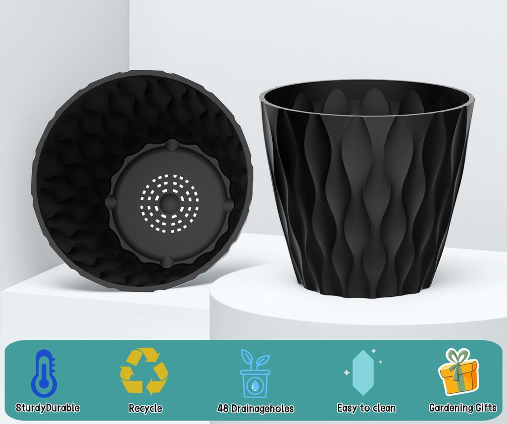 10 Pack 5 Inch Plant Pots with Drainage and Saucers, Black Plastic Flower Pots for Indoor and Outdoor Plants, Stackable Nursery Planters for Houseplants and Herbs, Black