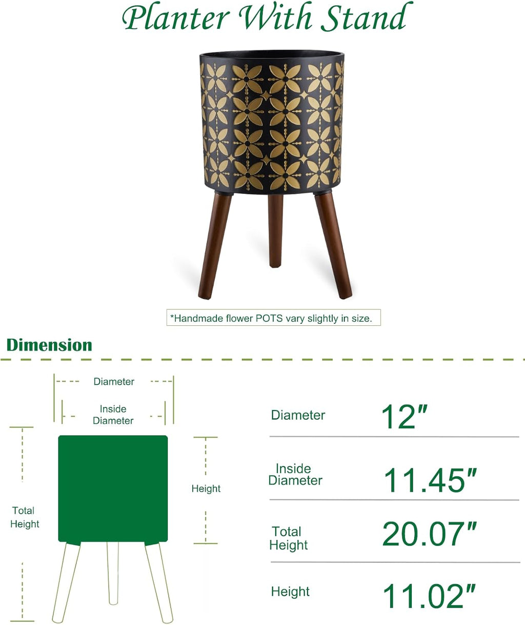 12 Inch Planter Pot with Stand, Planter for Indoor Plants, Drainage Holes and Rubber Plug, Modern Mid-Century Flower Planter Pot for Home Garden Patio, Black and Gold