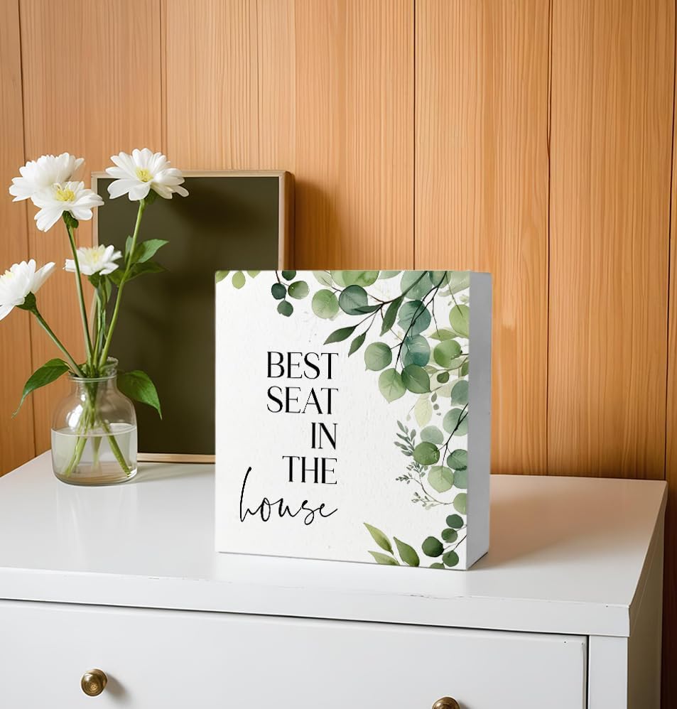 Funny Bathroom Signs, Best Seat in the House Wooden Box Sign, Eucalyptus Botanical Wood Signs Plaque for Restroom Washroom Toilet Counter Shelf Table Decor, 5x5 Inch