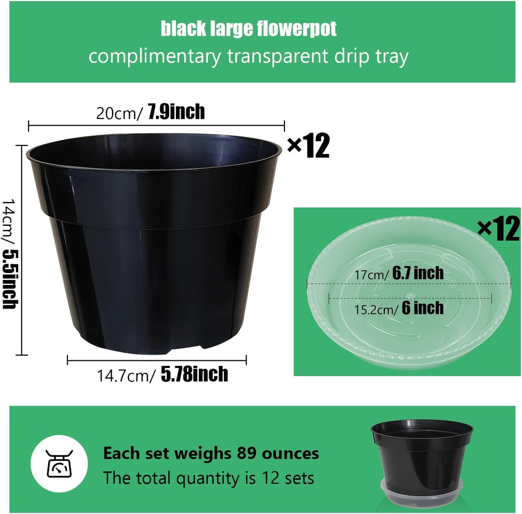 12 Pack Plant Pots, 8 Inch Plant Planter with Clear Saucer, Plastic Pots for Plants Indoor and Out Door Such as Strawberry, Herb and Flowers (Black)