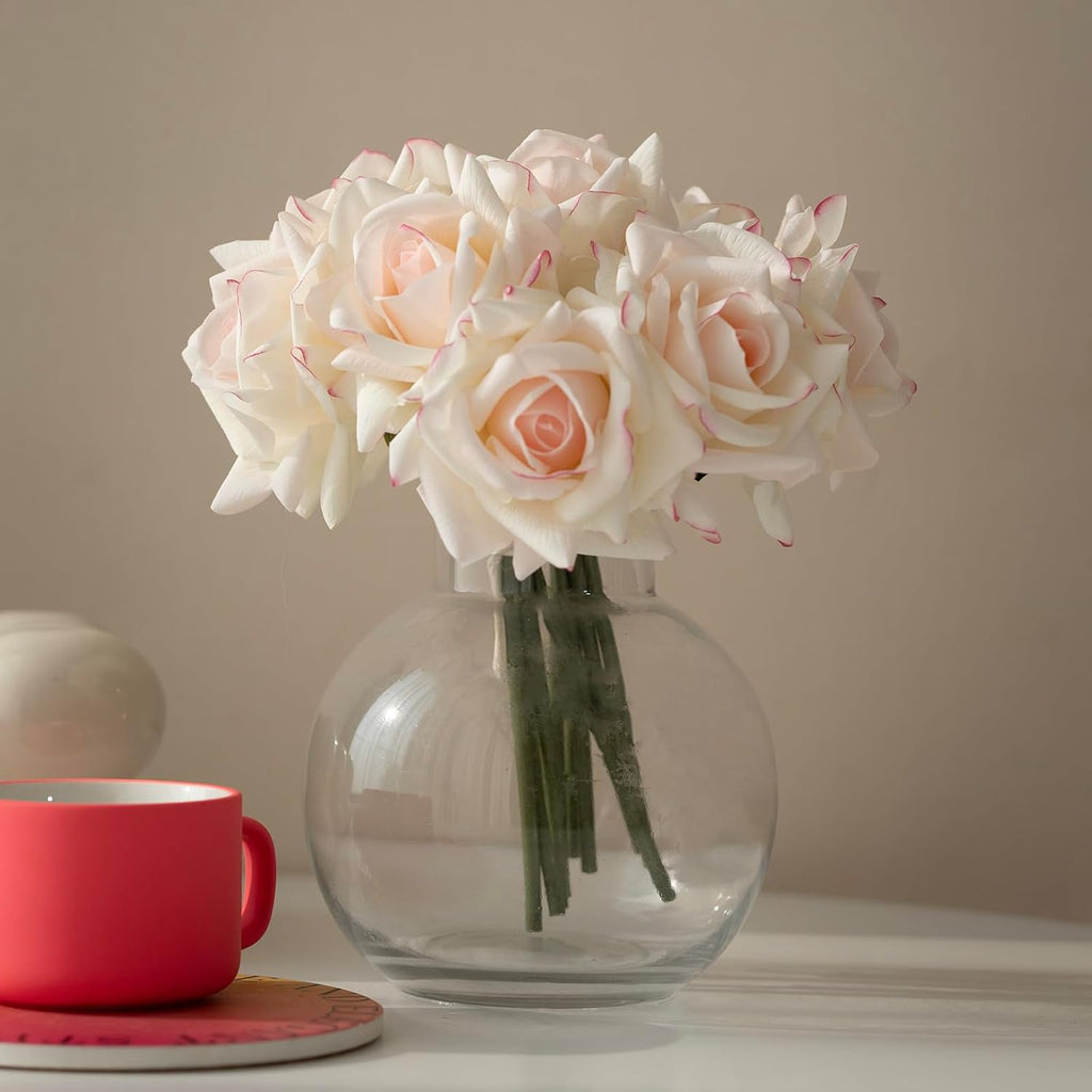 Artificial Roses Single Stem 10pcs Fake Silk Flower Arrangement Bouquet Real Touch for Home Party Wedding Decoration(Pink Edge)