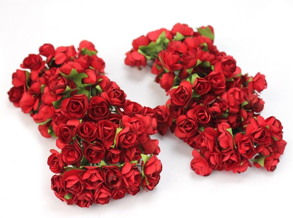 Mini Fake Rose Flower Heads 144pcs Mini Artificial Mulberry Paper Roses Flower with Wire Stem DIY Wedding Flowers Accessories Make Bridal Hair Clips Headbands Dress (Red)
