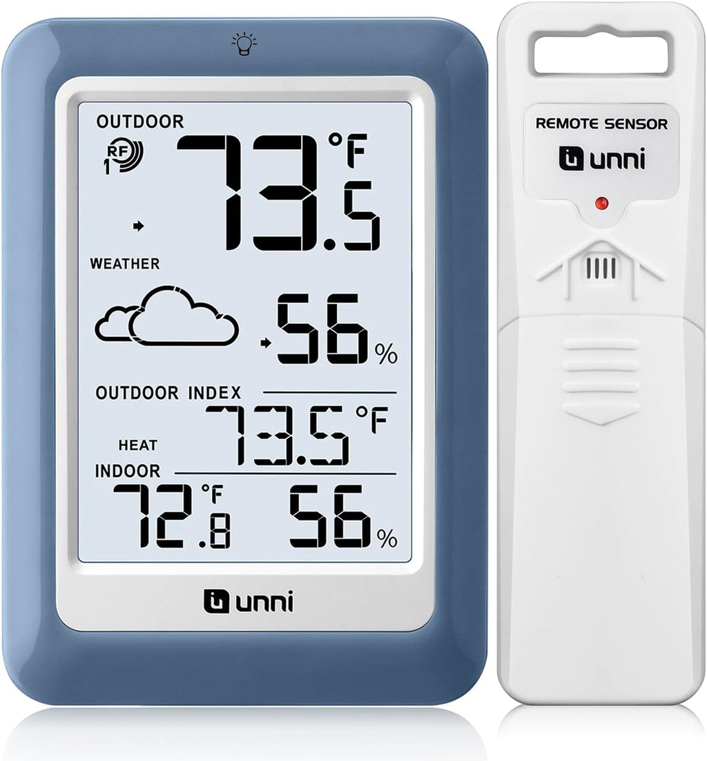 Indoor Outdoor Thermometer Hygrometer Wireless Weather Station, Temperature Humidity Monitor Battery Powered Inside Outside Thermometers with 330ft Range Remote Sensor(Blue)