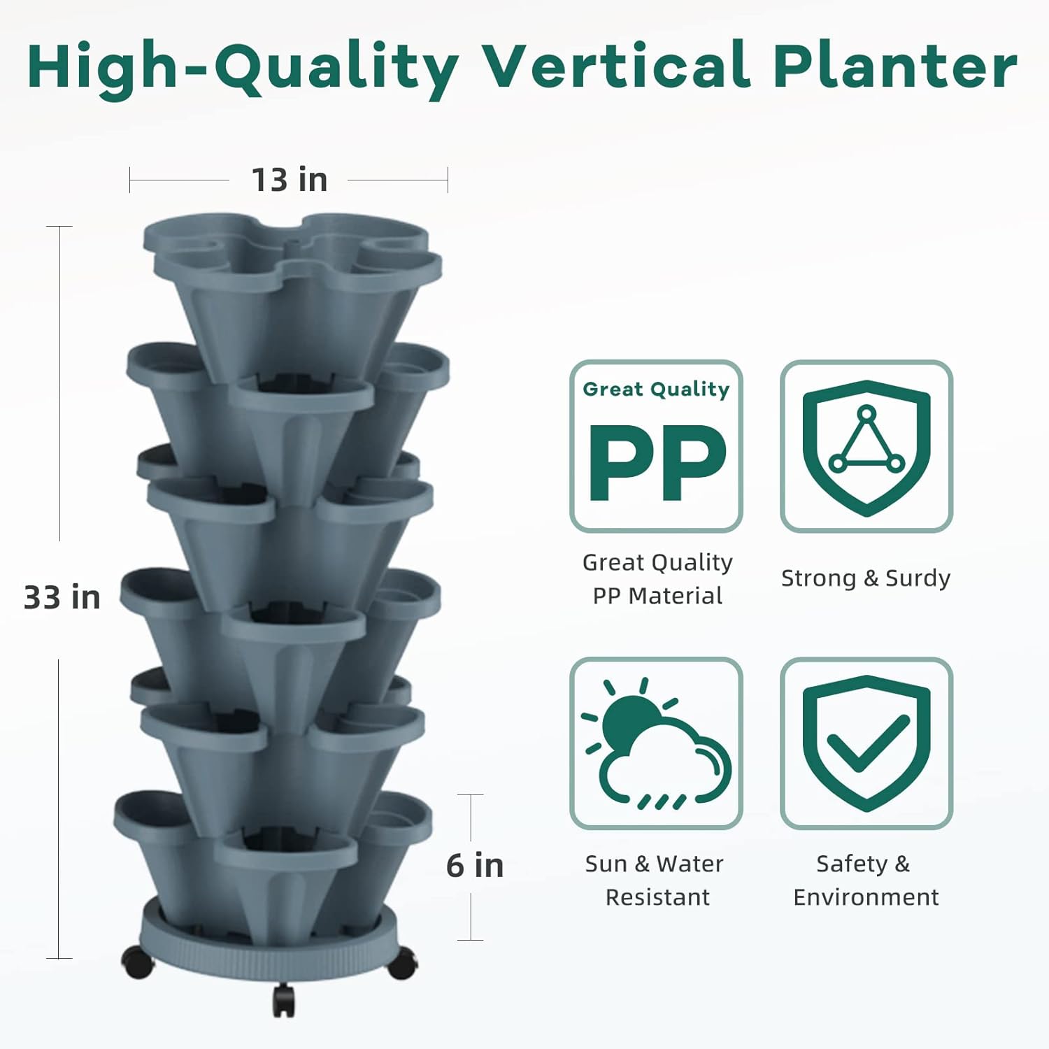 Strawberry Vertical Planters Tower Garden 2 Pack, 6 Tiered Stacking Herb Planter with Support Pole Indoor and Outdoor - Hunter Green