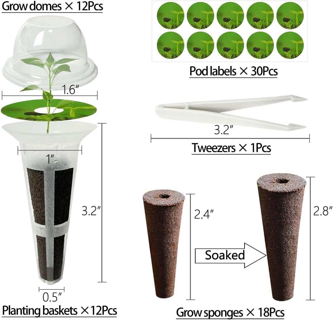 73pcs Seed Pod Kit for Aerogarden, Hydroponics Garden Accessories for System Compatible with Hydroponics Supplies from All Brands, 18 Grow Sponges, 12 Plant Baskets & Domes, 30 Pod Labels, 1 Tweezer