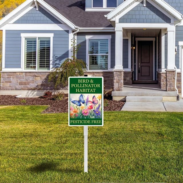 Bird and Pollinator Habitat Pesticide Free Yard Sign With Stakes 8X12 inches Rustproof Reflective Aluminum Pollinator Friendly Garden Sign Stand Butterfly Outdoor Decor