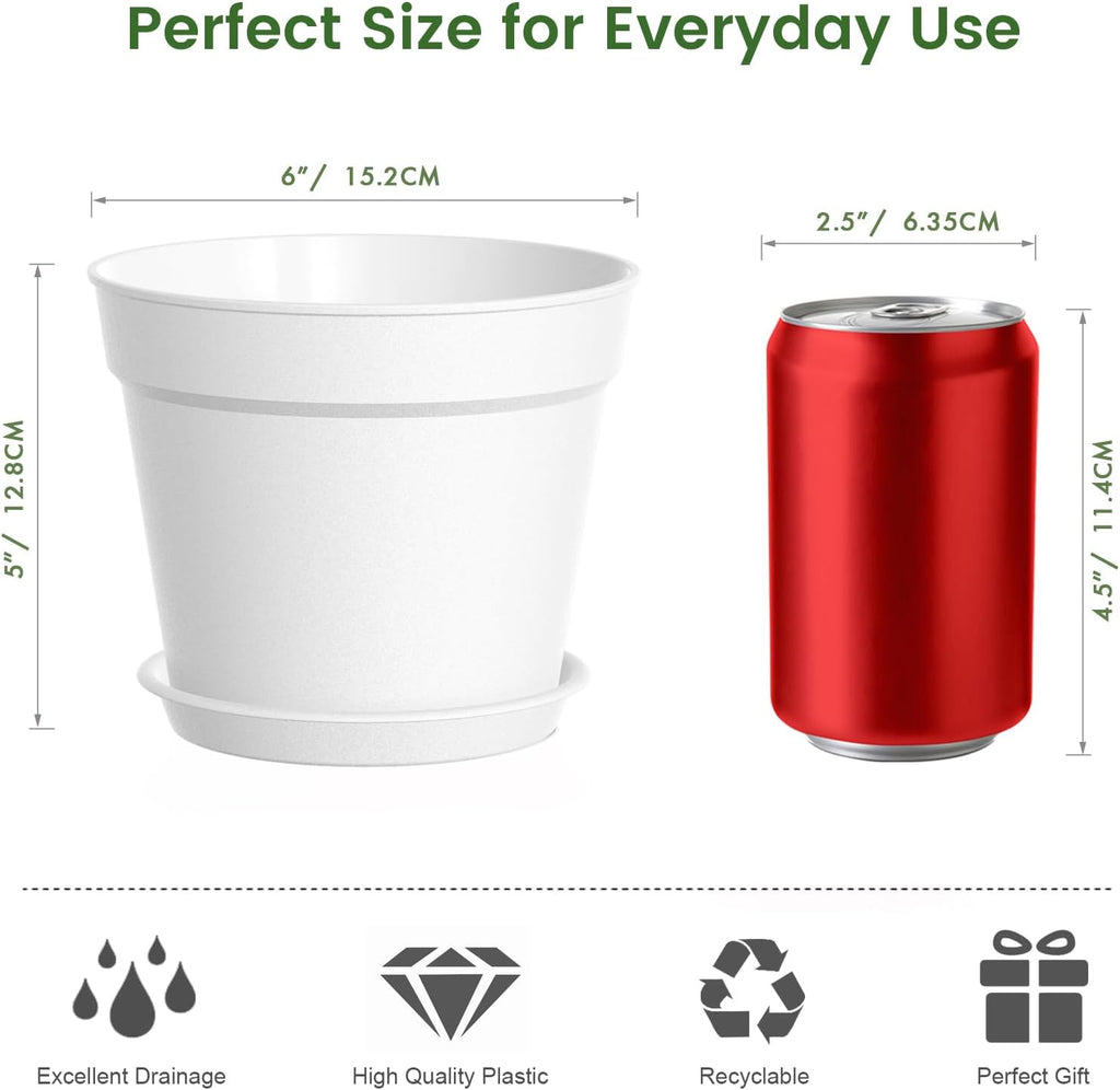 20 Pack 6 Inch Plant Pots with Drainage and Saucers, White Plastic Flower Pots for Indoor and Outdoor Plants, Stackable Nursery Planters for Houseplants and Herbs, White