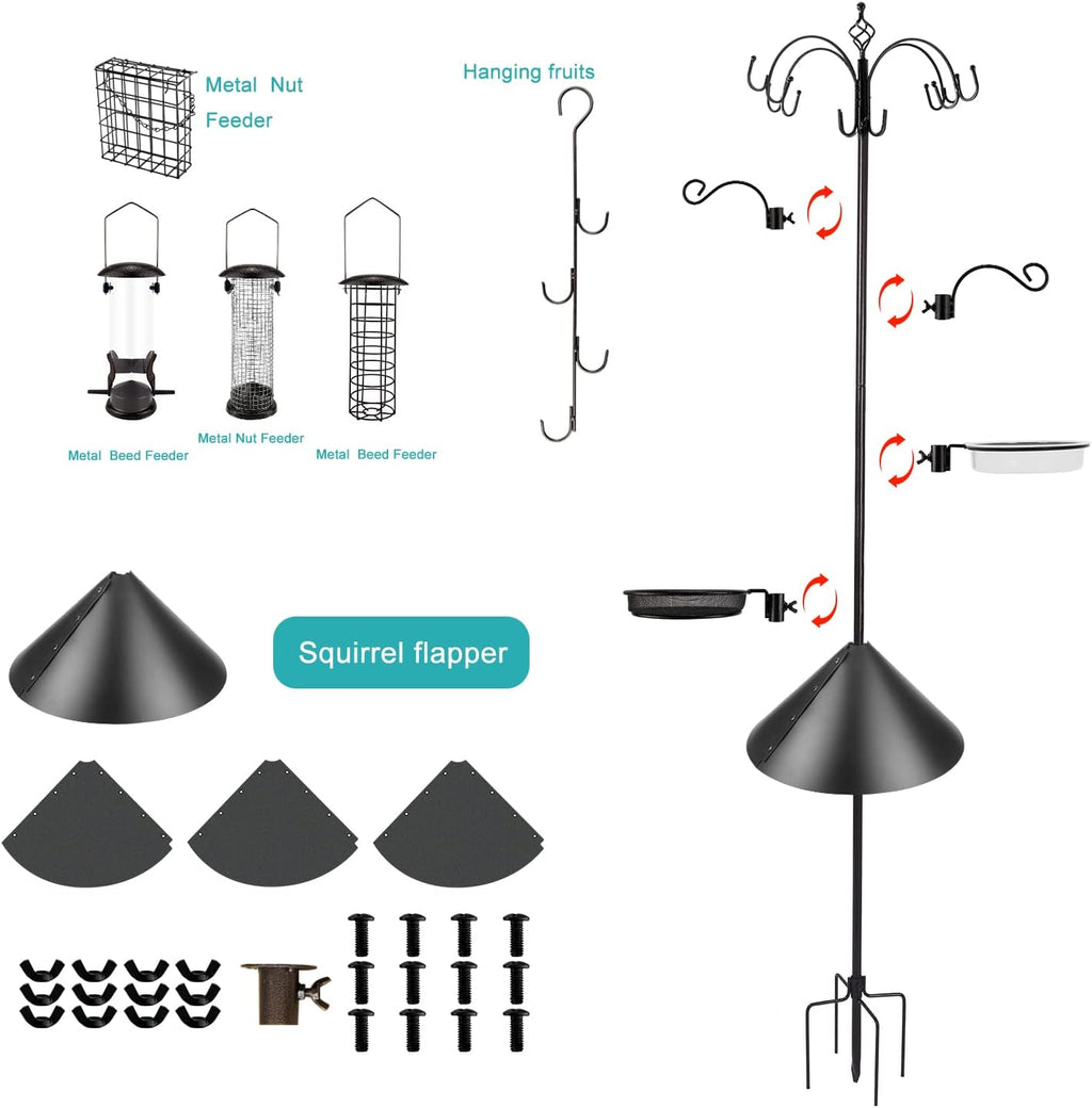 Bird Feeding Station Kit Bird Feeder Pole Wild Bird Feeder Kit with Squirrel Baffle and Suet Cage Mesh Tray Fruit Hook Double W Hook for Attracting Wild Birds