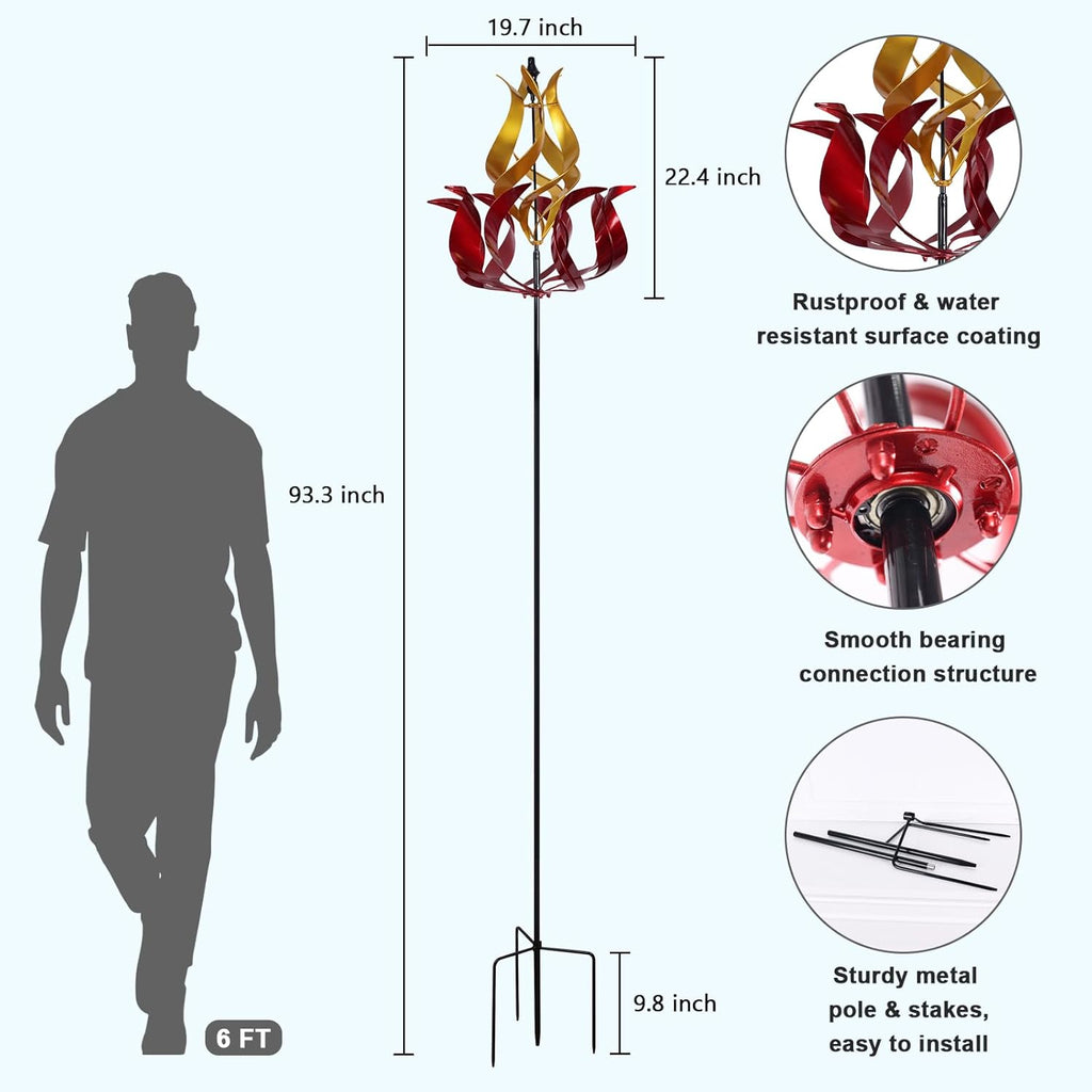 hogardeck Large Wind Spinners Outdoor, 93.3" Metal Tulip Wind Spinner with Stake, 360° Rotating Yard Art, Kinetic Flame Wind Sculptures for Home Lawn Backyard Patio Garden Decor (Red, Golden)