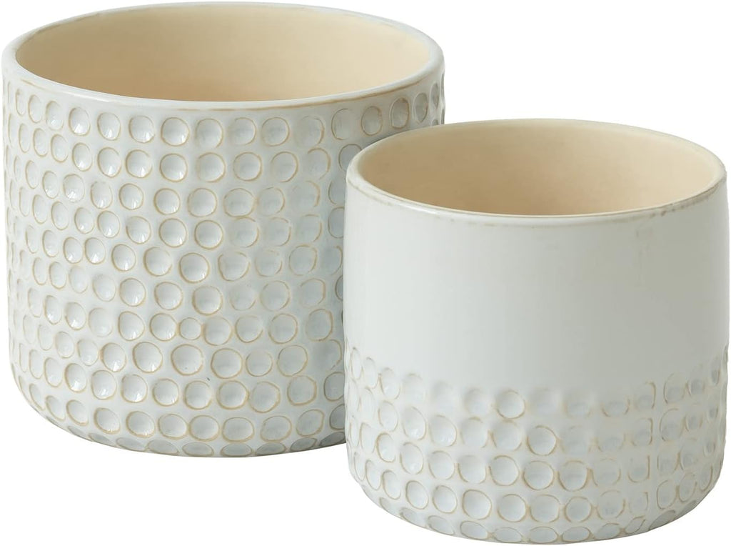 La Jolie Muse Ceramic Planter - 6.7+5.5 Inch Concave Dot Patterned Cylinder Flower Pot W/ Drain Hole for Indoor, Set of 2, Glacier Gray