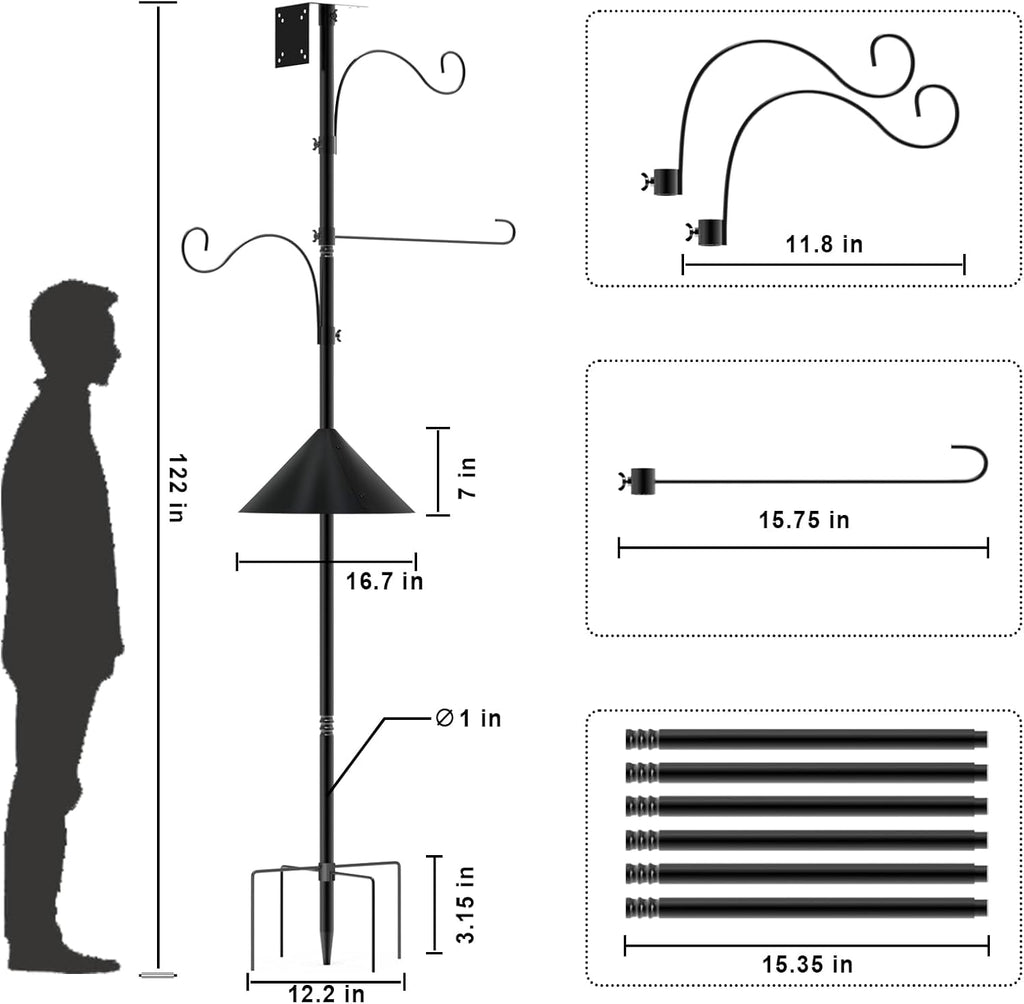 Bird Feeder Pole 118 Inch, Hummingbird House Mount Kit With Squirrel Proof Baffle, Double Shepherds Hooks for Outdoor, Yard, Garden Decor, Black (House Not Included)