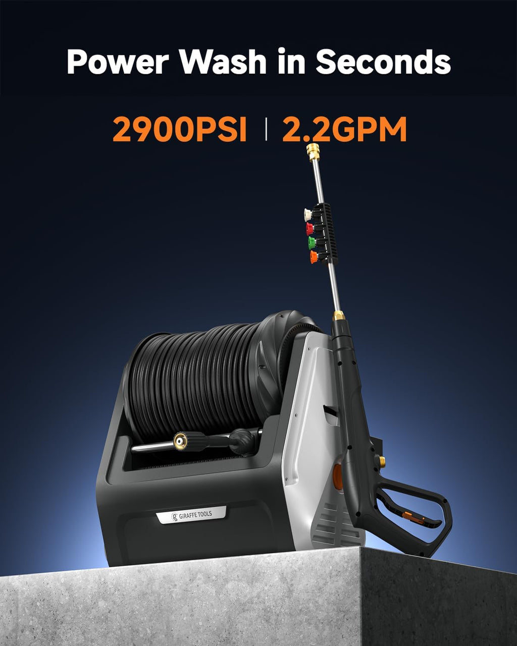 Giraffe Tools Wall Mounted Pressure Washer G30 with Upgraded 1800W Motor, Max 2900 PSI, 2.2 GPM Electric Power Washer with 100ft Retractable Black Pressure Hose, Automatic Rewind, Light Silver