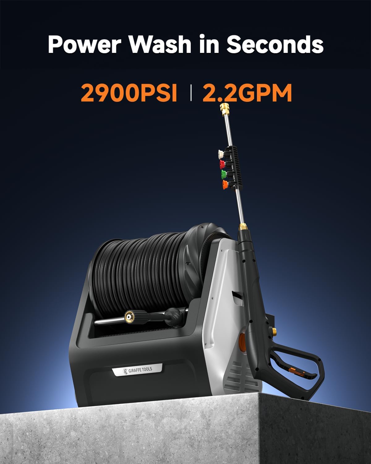 Giraffe Tools Wall Mounted Pressure Washer G30 with Upgraded 1800W Motor, Max 2900 PSI, 2.2 GPM Electric Power Washer with 100ft Retractable Black Pressure Hose, Automatic Rewind, Light Silver