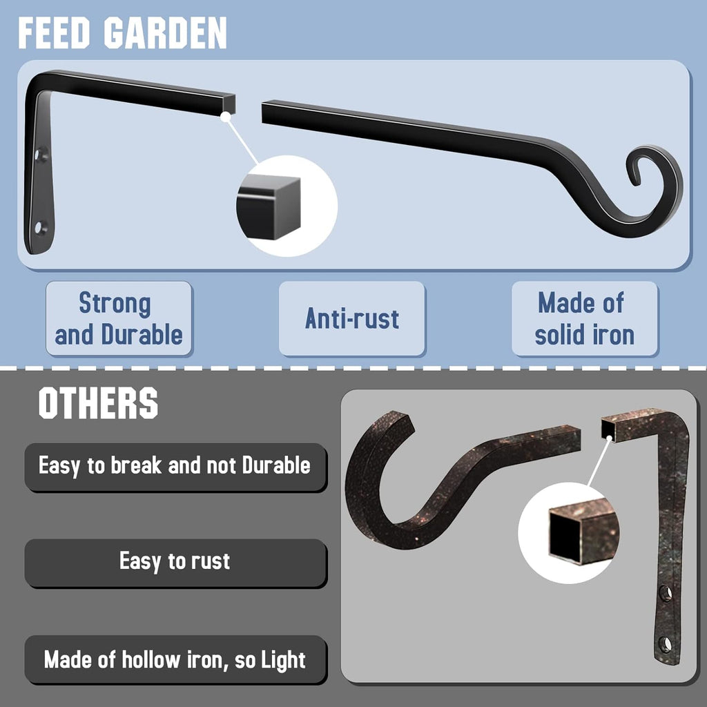 FEED GARDEN 15 Inch 2 Pack Hand-Forged Hanging Plant Bracket Heavy Duty Metal Plant Hangers for Outdoor Hanging Bird Feeders Lanterns Wind Chimes Black