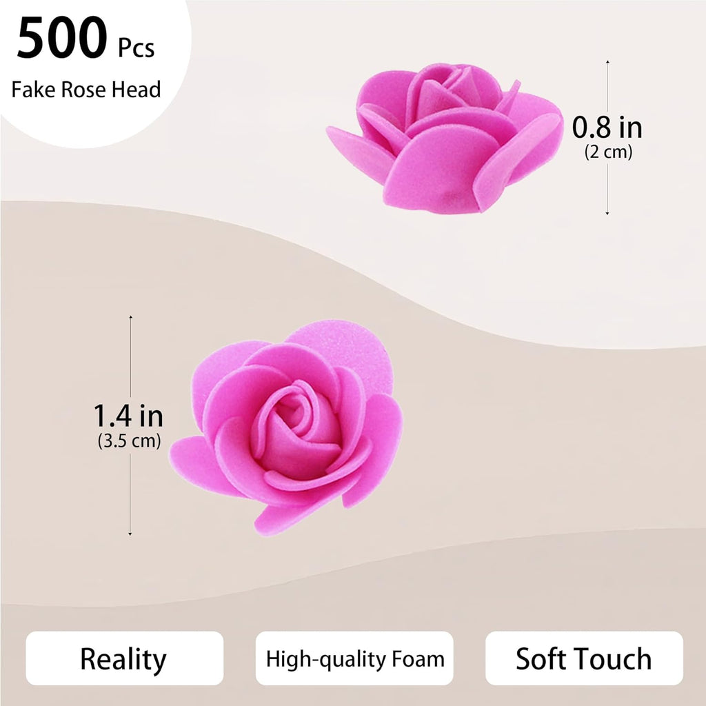 500 Pcs 1.4 Inch Mini Artificial Flowers Head Bulk 5 in 1 Set Faux Foam Fake Small Rose Tiny Baby Flores Bouquet Cake Gift Home Decoration DIY Craft (Hot Pink)