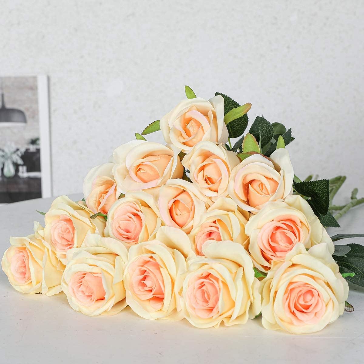 Hawesome FLORRALIA 12PCS Artificial Silk Flowers Realistic Roses Bouquet Long Stem for Home Wedding Decoration Party (Champagne 1)