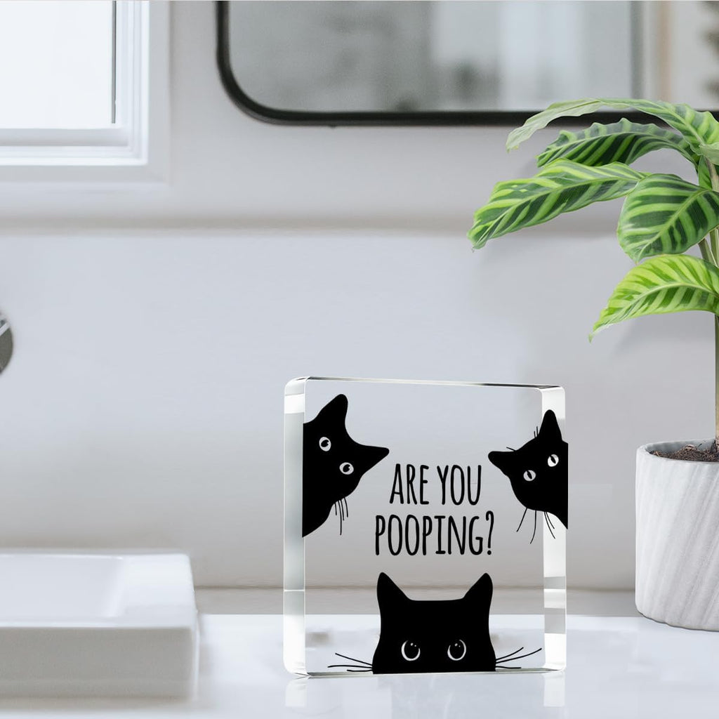Are You Pooping Funny Sign，Black Cat Decor, Cat Bathroom Acrylic Decor，Home Decor Bathroom Creative Gift For Women Men，Funny Decorate Retro for Home Toilet 4x4 Inches
