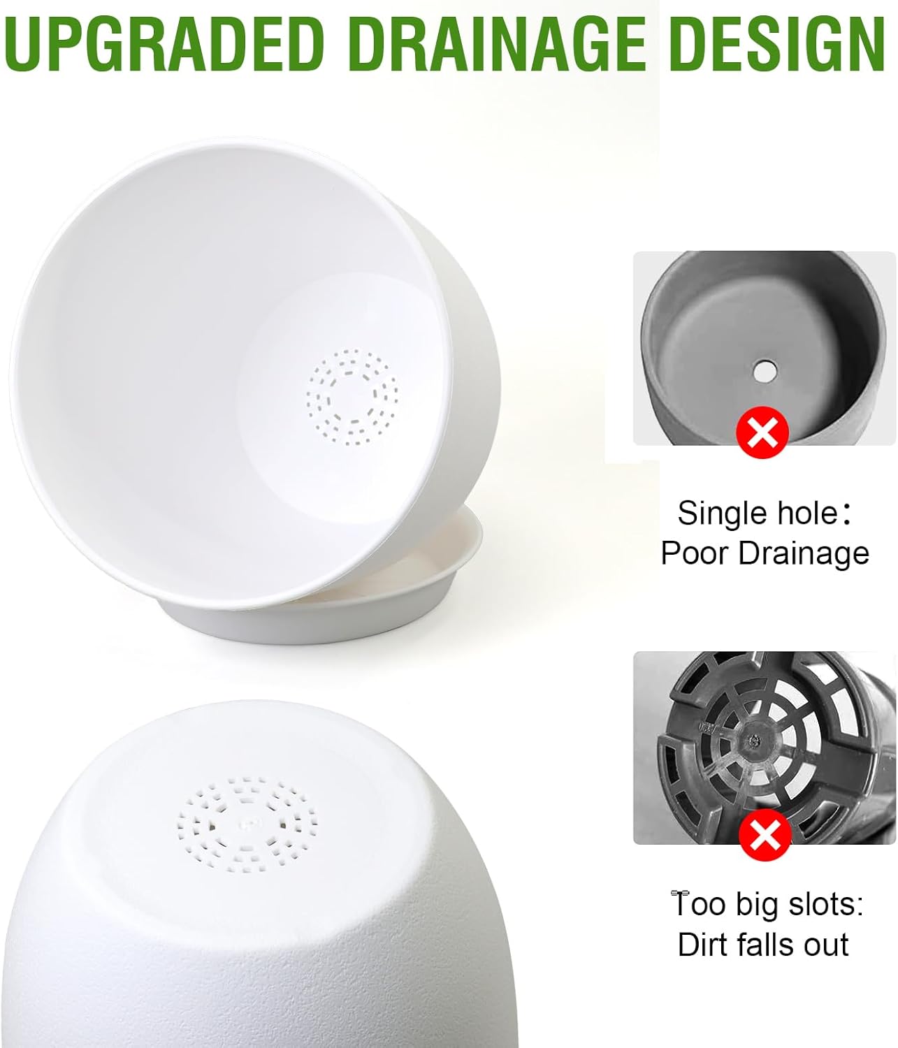 10/9/8 inch Medium Flower Pots, 3 Pack Modern Decorative Plastic Planters with Drainage Holes and Tray, Plant Pots for Indoor Outdoor Plants, White