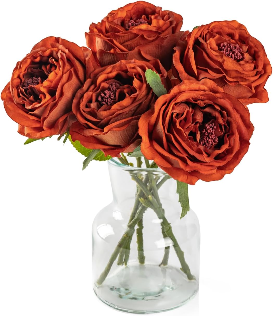 DuHouse 5Pcs Silk Roses Fake Burnt Orange Roses with Stems Real Touch Rose Artificial Flowers for Arrangement Wedding Party Home Decoration