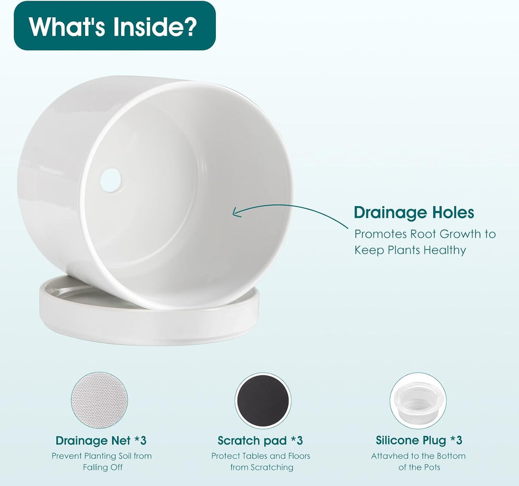 vancasso Ceramic Planters, Plant Pots for Indoor Plants, 6.25+8.25+10.25 Inch Ceramic Pots for Plants, Flower Pots with Drainage Holes, Planters Pot for Indoor House Plant, Set of 3, White