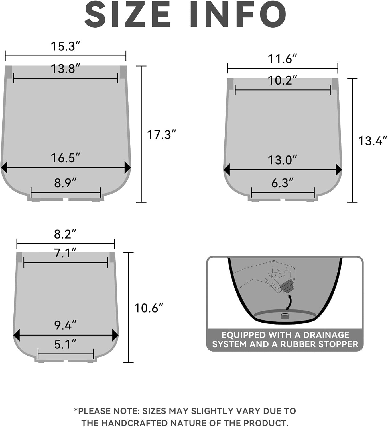 Kante 15.3"+11.6"+8.2" Dia Round Concrete Planter, Large Outdoor Indoor Planter Pots Containers with Drainage Holes and Rubber Plug for Home Garden Patio, Charcoal
