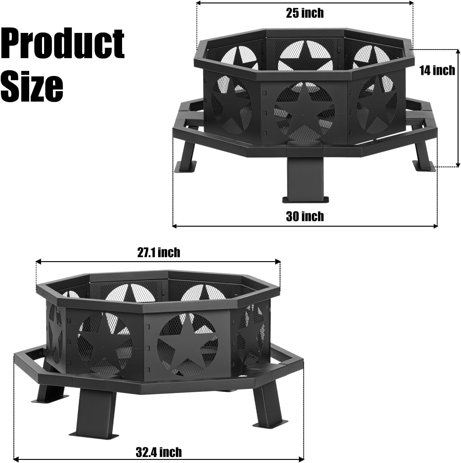 32 inch Fire Pit for Outside, Heavy Duty Wood Burning Fire Pits with Fire Poker, Outdoor Octagonal Firepit for Camping, Yard, Patio