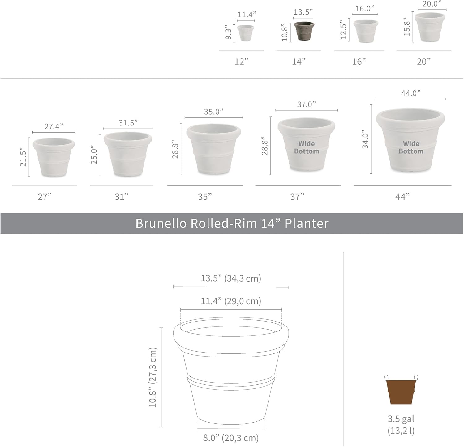 Crescent Garden Brunello Classic Rolled Rim Planter Pot, Indoor/Outdoor Weather-Safe Round Plant Pot, 14'' (Weathered Concrete)