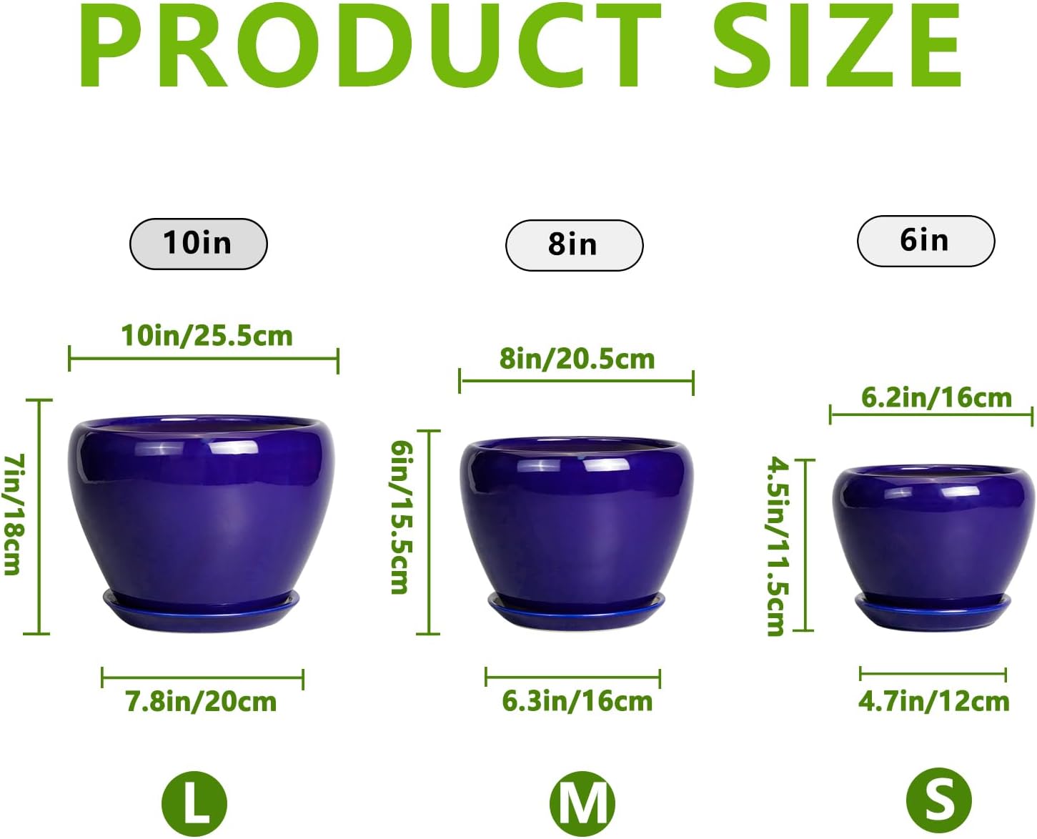 Flower Pots for Indoor Plants- Ceramic Pots for Plants 10 Inch 8 Inch 6 Inch Plant Pots with Drainage Holes and Saucers Decorative Large Planters for Outdoor Plants Set of 3 Blue