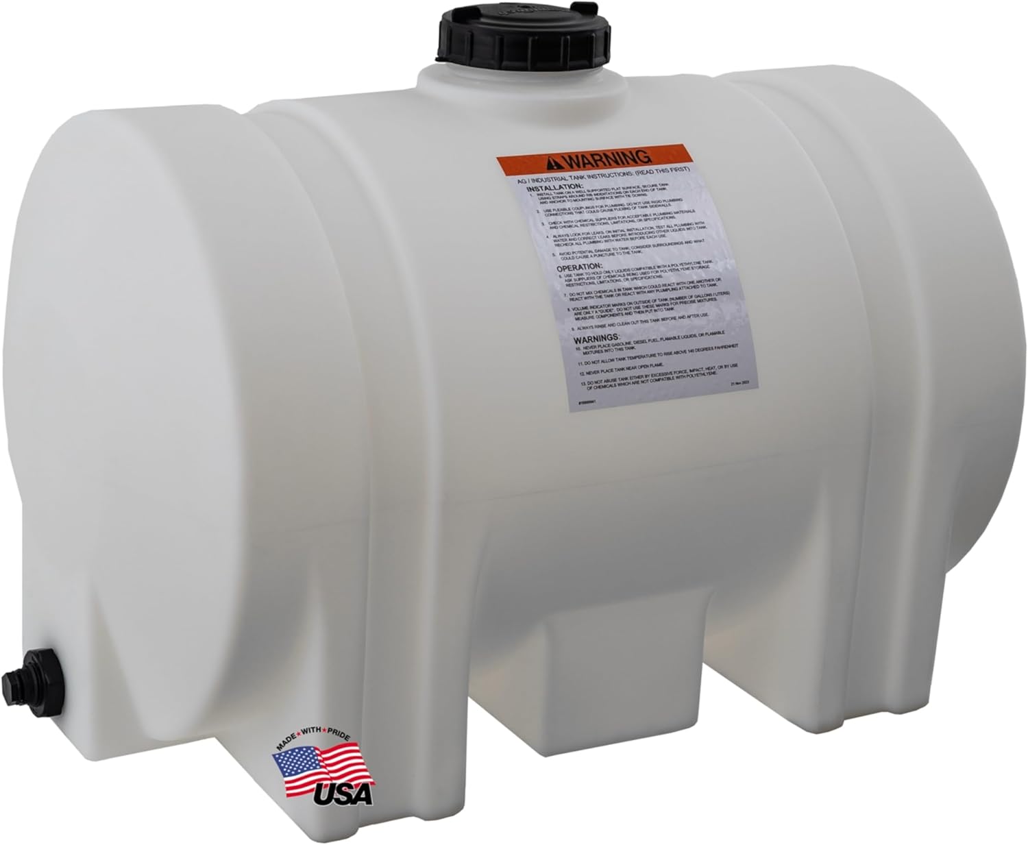 RomoTech 82123939 Horizontal Polyethylene Reservoir Water Tank w/Legs, 60 gal, Made In USA, Natural Poly Tank for Non-Flammable Liquids, UV-Resistant, Ideal for Agricultural Use, RV Water Storage