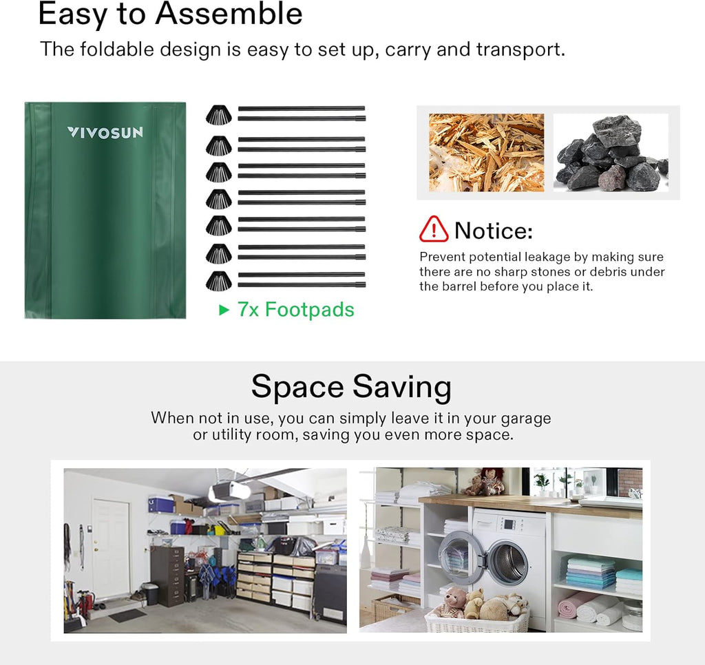 VIVOSUN Collapsible Rain Barrel, 100 Gallon Water Storage Tank with 1000D Oxford Cloth, Portable Rain Collection System Includes Two Spigots and Overflow Kit, Green