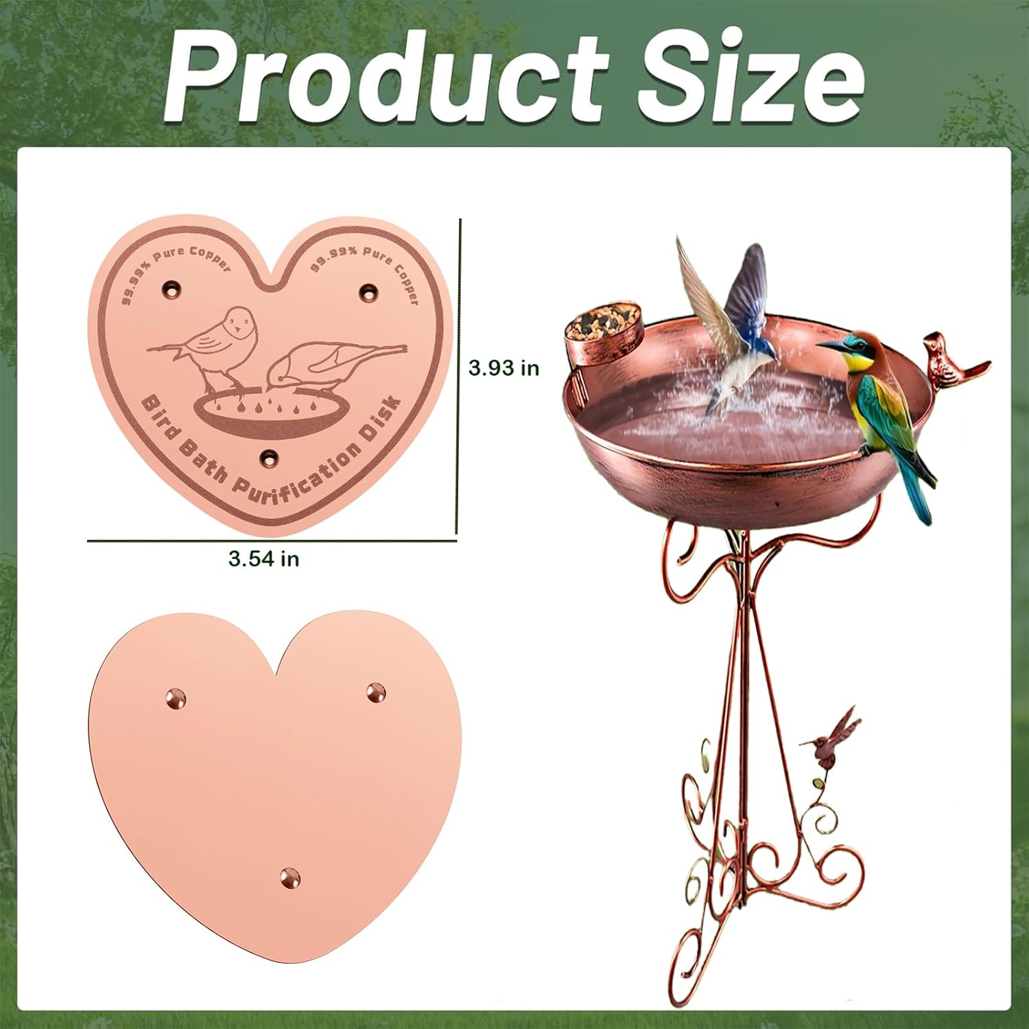 1-Pack 99.99% Pure Copper Bird Bath Purification Disk,Copper Disc with Stable Triple-Point Support,Fits All Outdoor Bird Baths(Heart-Shaped)