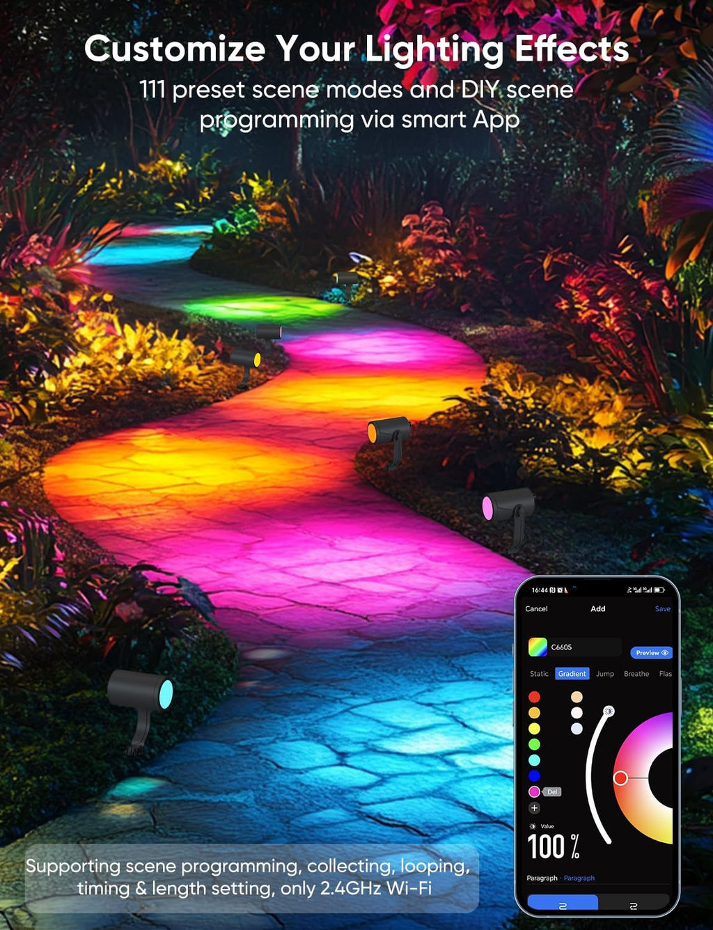 Smart Landscape Lighting Kit 36W, RGBCW Smart Landscape Lights 6 Pack, IP65 Waterproof Outdoor Spotlights, Alexa/Google Assistant Compatible, for Garden Pathway Yard Holiday Decor
