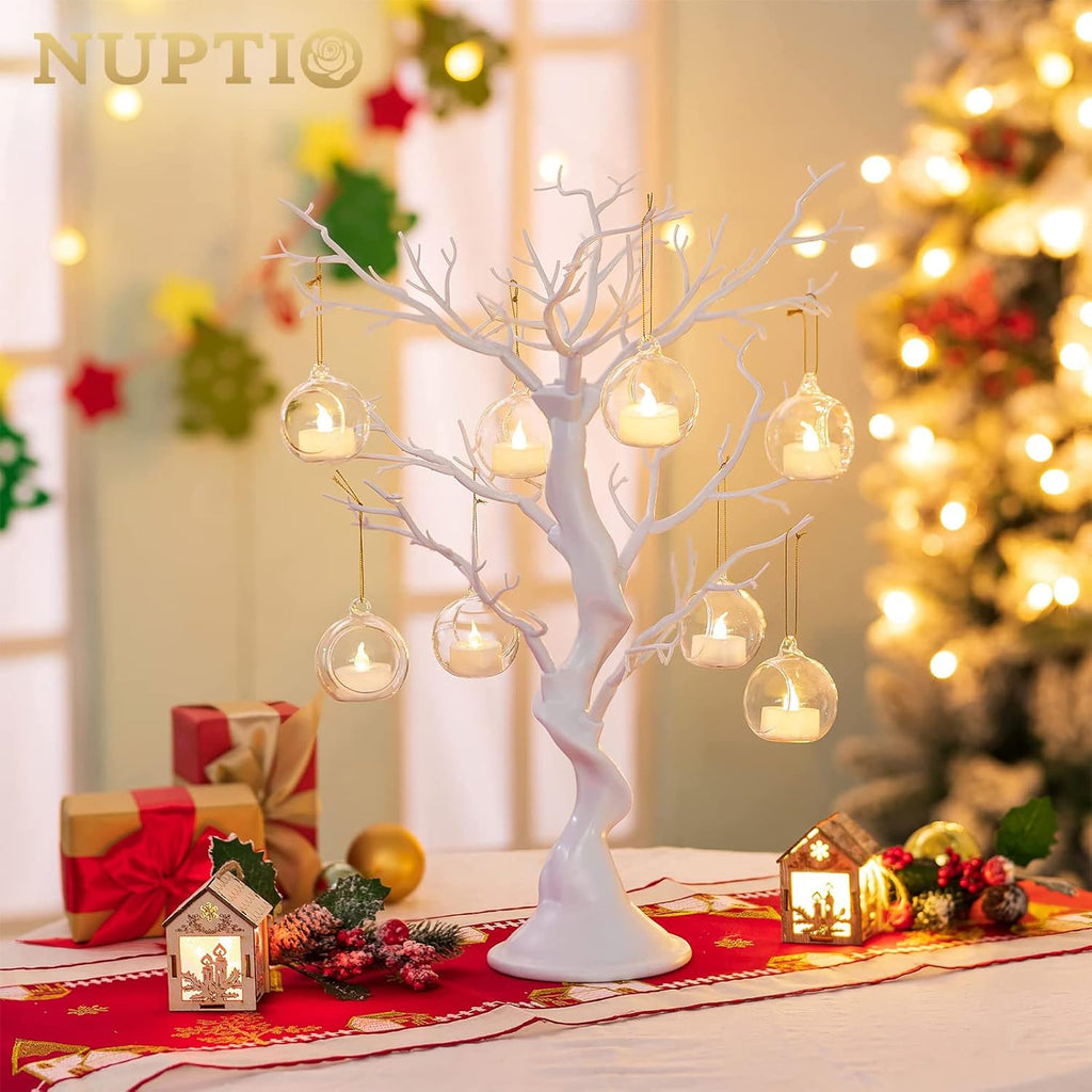 NUPTIO Mini Hanging Glass Tealight Globe Candle Holder with LED Candle, 2.36 Inches Diameter, Wedding Party Tree Decoration (36 Pcs)