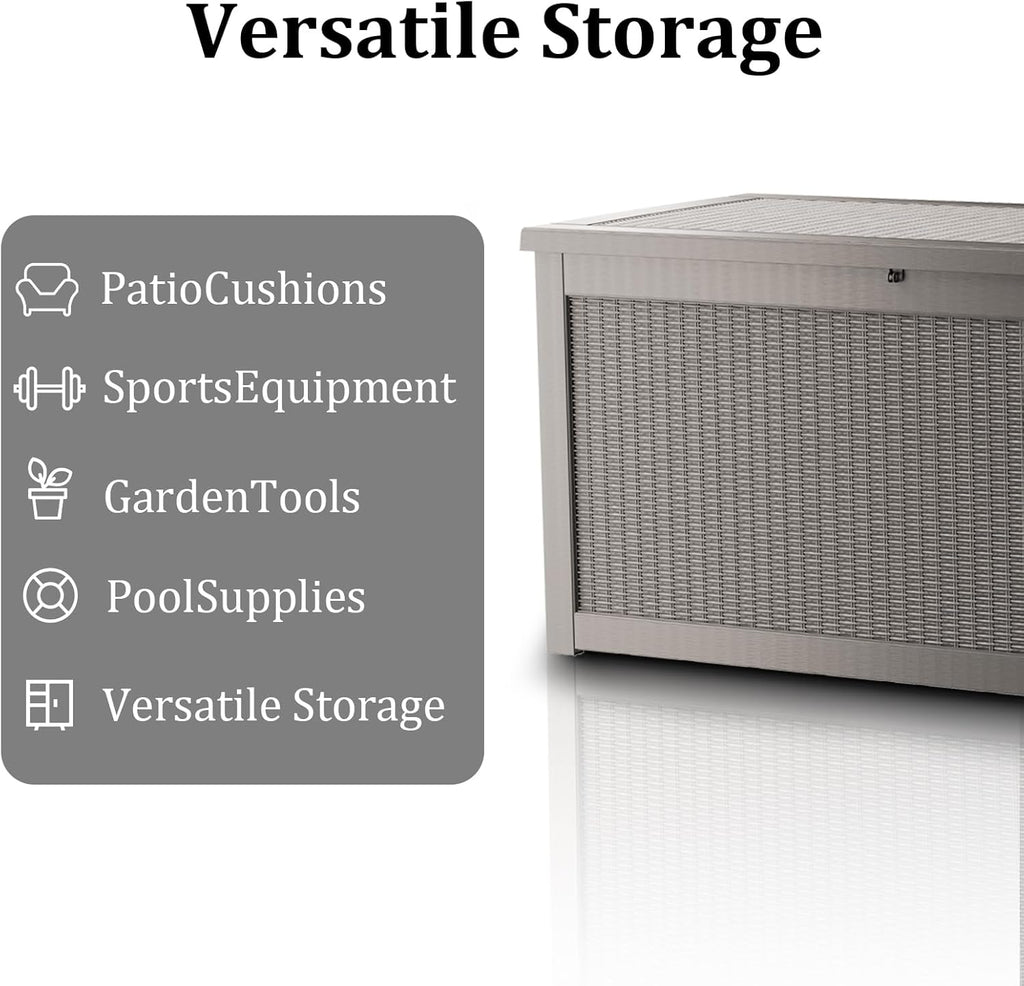 320 Gallon Waterproof Deck Box, Lockable Resin Storage Box for Patio Furniture Cushions Garden Tools and Outdoor Delivery Storage, Coffee