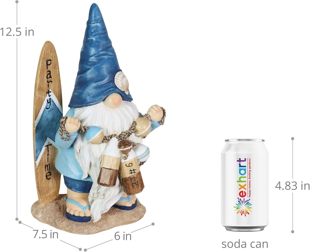 Exhart Garden Gnome, Solar Surfer Party Time Garden Sculpture with Surfboard Sign, LED Lights, Outdoor Lawn and Yard Decoration, 7 x 6 x 12.5 Inch