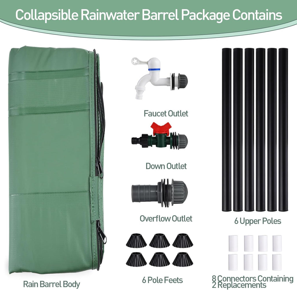 53 Gallon Collapsible Rain Barrel with Zipper Open and 12 Poles, 200L Protable Rainwater Collection System Kit with 1 Spigot and 2 Overflow, 1000D Oxford Rain Catcher Barrel for Outdoor Garden Camping