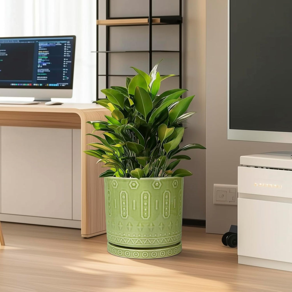 Ceramic Planter - 12 Inch Pots for Plants Indoor Outdoor, Round Large Flower Pots with Drainage Hole and Saucer, Decorative Boho Planter, Home Office Decor, Plant Lover Gifts, Green