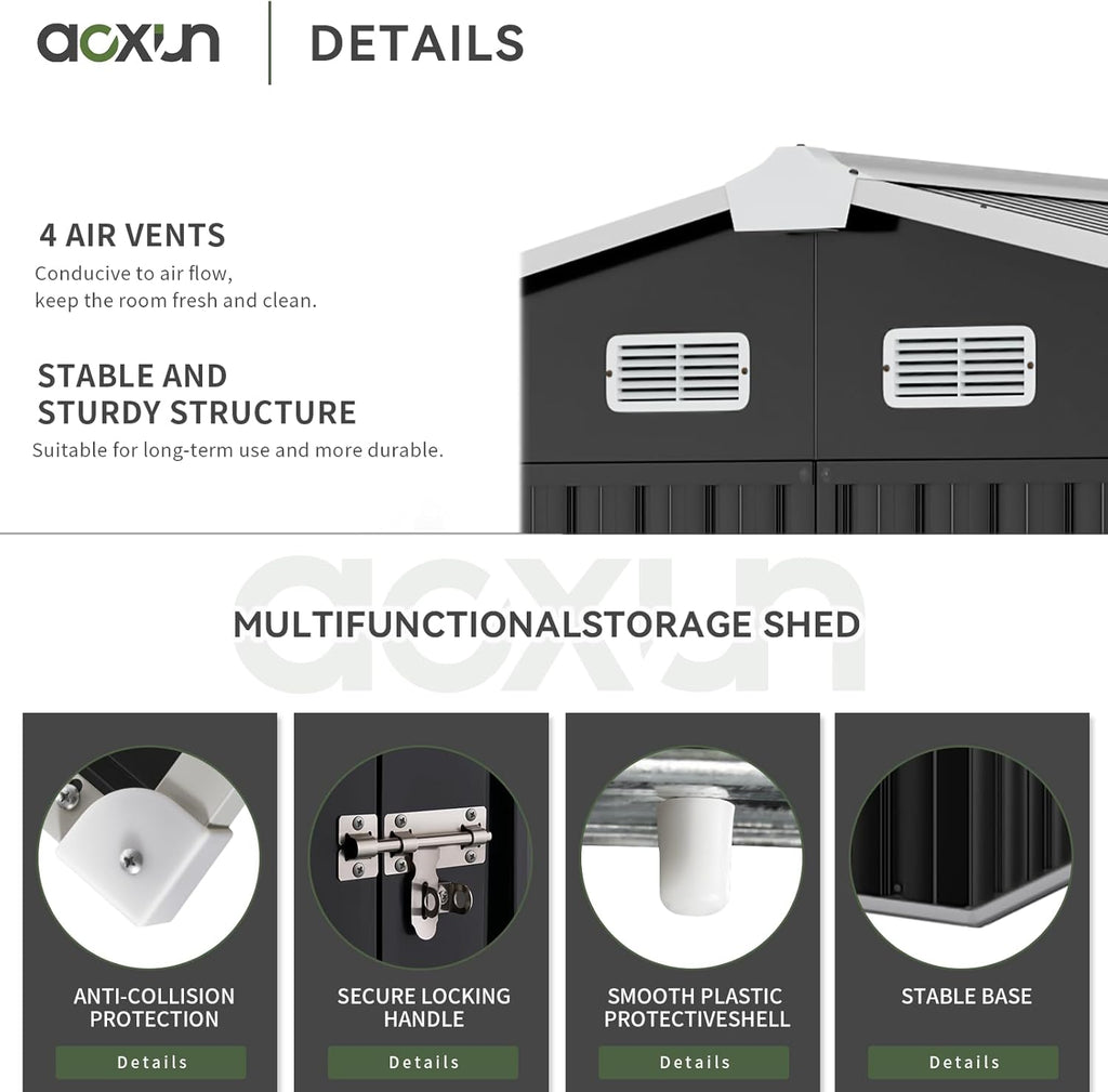 Aoxun 9.4x7.3x6.5 FT Outdoor Storage Shed with Base Outdoor Metal Shed for Tool, Garden, Bike, Placed in Patio, Garden Base Included (Black)