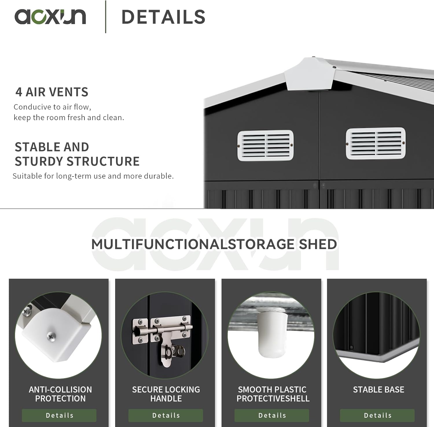 Aoxun 9.4x7.3x6.5 FT Outdoor Storage Shed with Base Outdoor Metal Shed for Tool, Garden, Bike, Placed in Patio, Garden Base Included (Black)