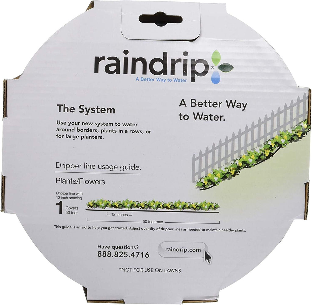 Raindrip R280DT Drip-A-Long™ 1/4 in. Dripline Kit includes 50 feet of 1/4-Inch Dripline preassembled with 1/2 GPH drippers, 5 Barbed Tees, 5 Barbed Elbows, 5 Barbed Couplings, 5 End Plugs