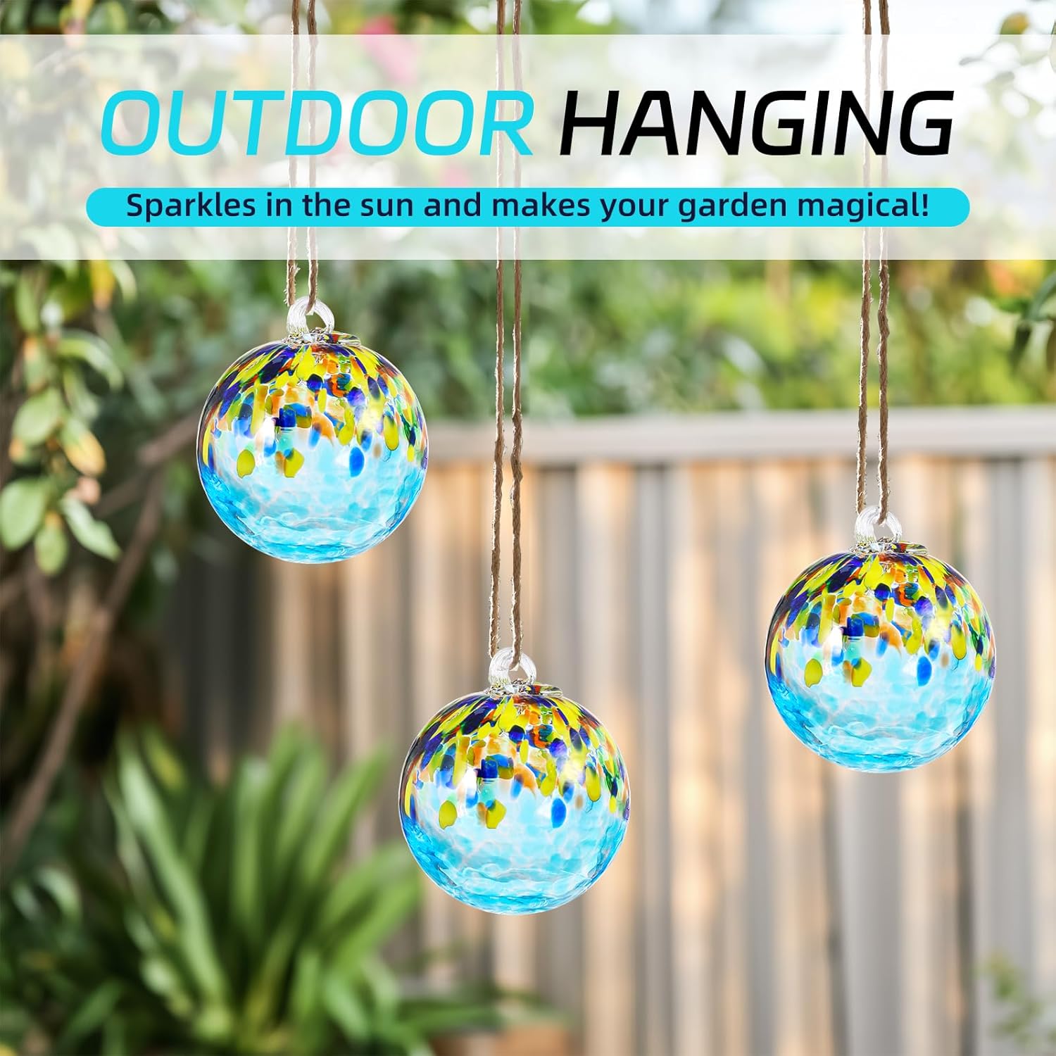 VOREEN 4" Hanging Glass Garden Gazing Ball Hand Blown Glass Witch Ball Christmas Ornament Friendship Balls for Outdoor Garden Patio Window Home Décor, Gift for Mom Wife Friend, Blue Ocean