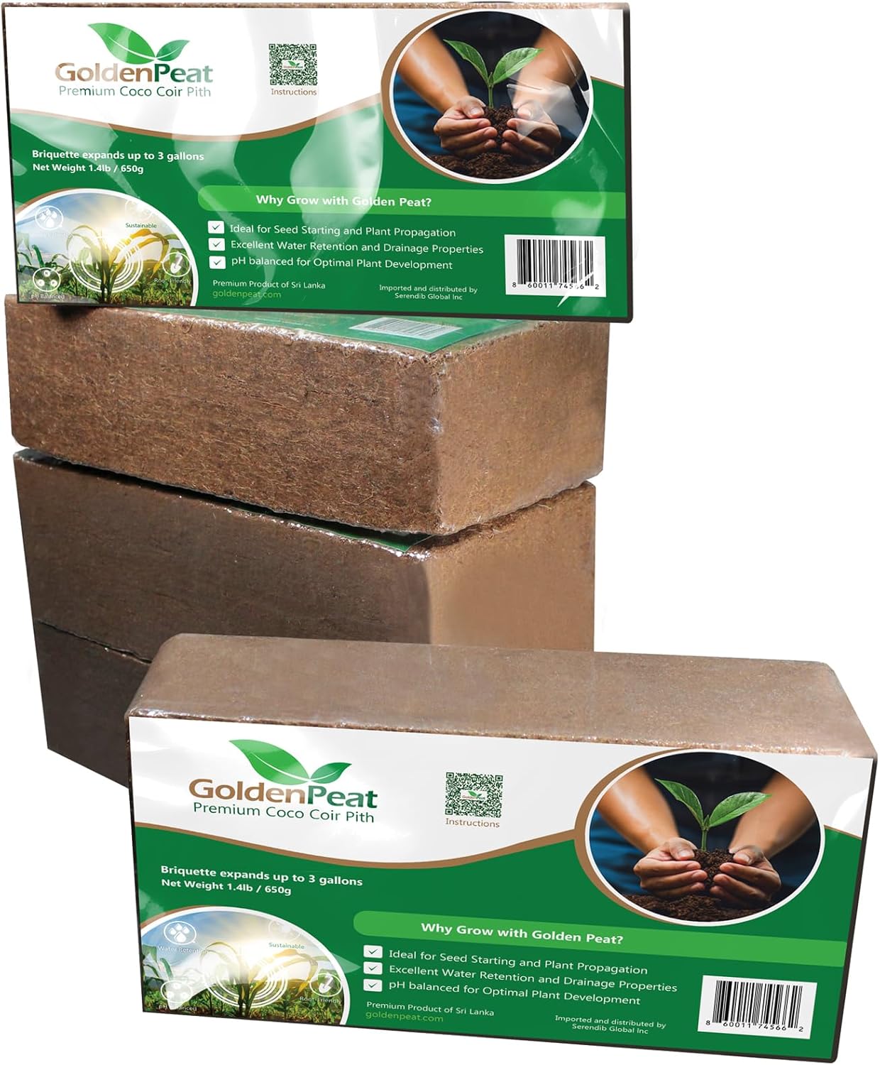 Organic Coconut Peat Bricks (650g X 6 Pack) - Low EC, Sustainable Growing Medium for Gardens, pots, and Seed Starters. Just add Water to Transform Each Brick into 8-10L of Fluffy Nutrient-Rich Coir