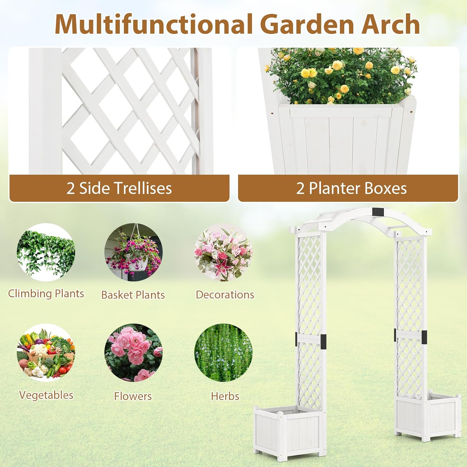Giantex Garden Arbor with Planter Boxes, Wooden Arch with Trellis and Raised Garden Bed for Climbing Vine Plants Vegetables Herbs, Decorative Arbor Archway for Wedding, Ceremony, Party (White)