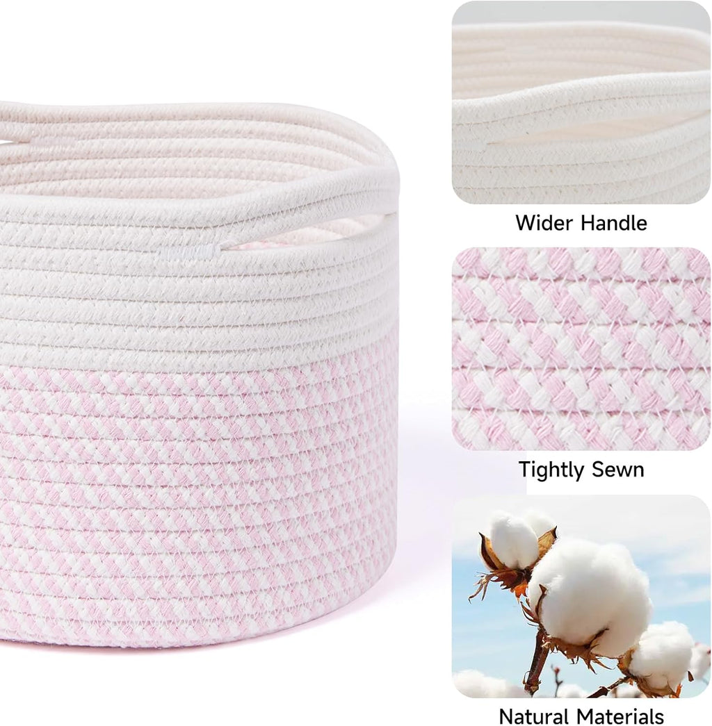Small Basket for Organizing | Cube Shelf Closet Storage Baskets | 9.7×9.7×7.1” | Woven Rope Gift Basket | Nursery | Round 3 Packs Pink