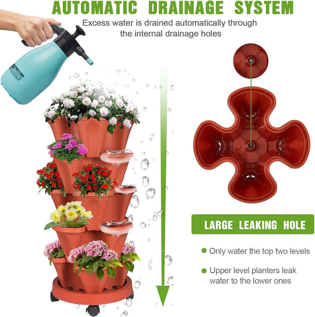 5 Tier Vertical Strawberry Planter-Tower Stackable Herb Planter Stacking Garden Planters Pot Outdoor With Tools Mover For Growing Flowers, Vegetables and Succulents