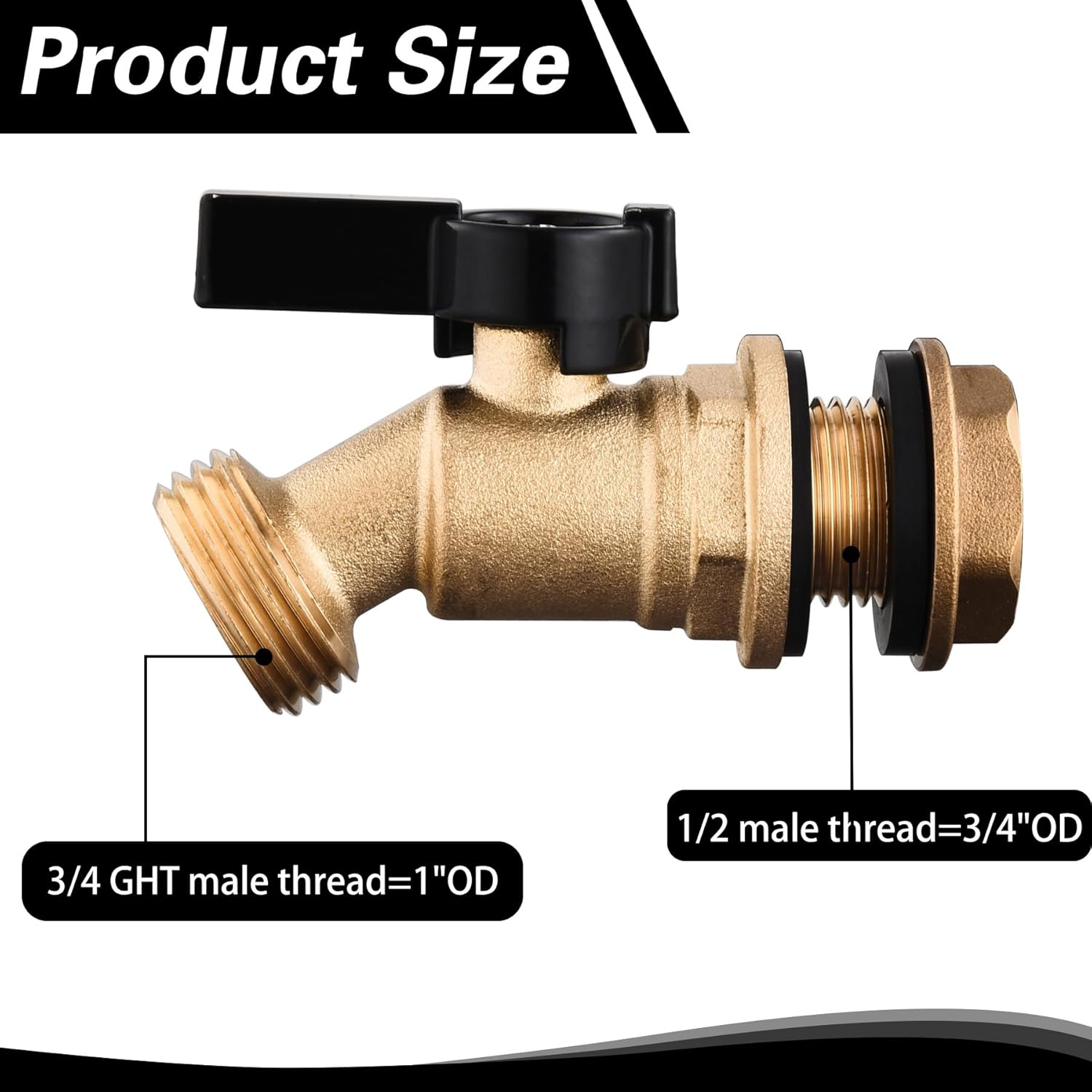 Brass Water Container Rain Barrel Faucets Lead-Free Compliant Spigot Bulkhead Fitting 1/2" Inlet to 3/4"GHT Male Thread Outlet with Quarter Turn Ball Valve Include Bulkhead Fitting and Washers